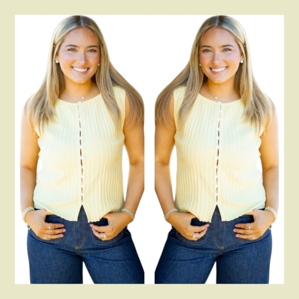 Free People Pale Yellow Ribbed Button-Front Tank